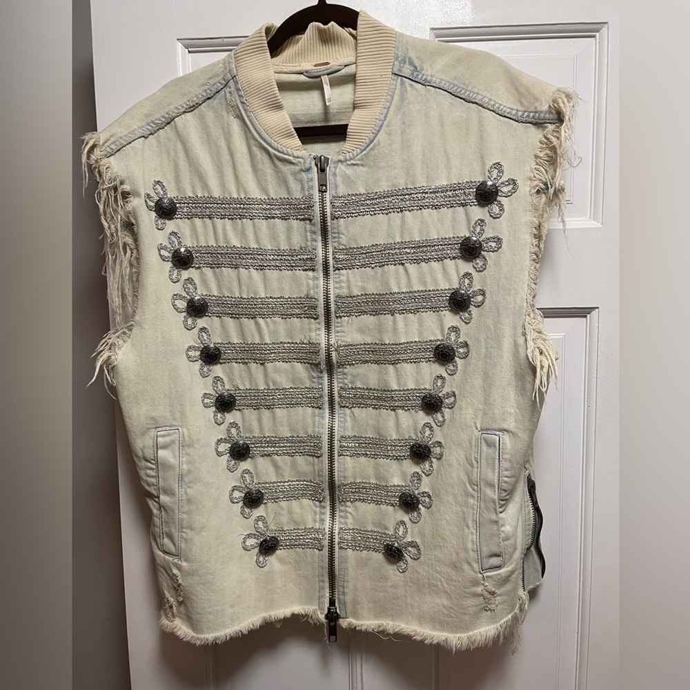 Free People Oversized Officer Denim Jean Embroidered Military Vest Jacket